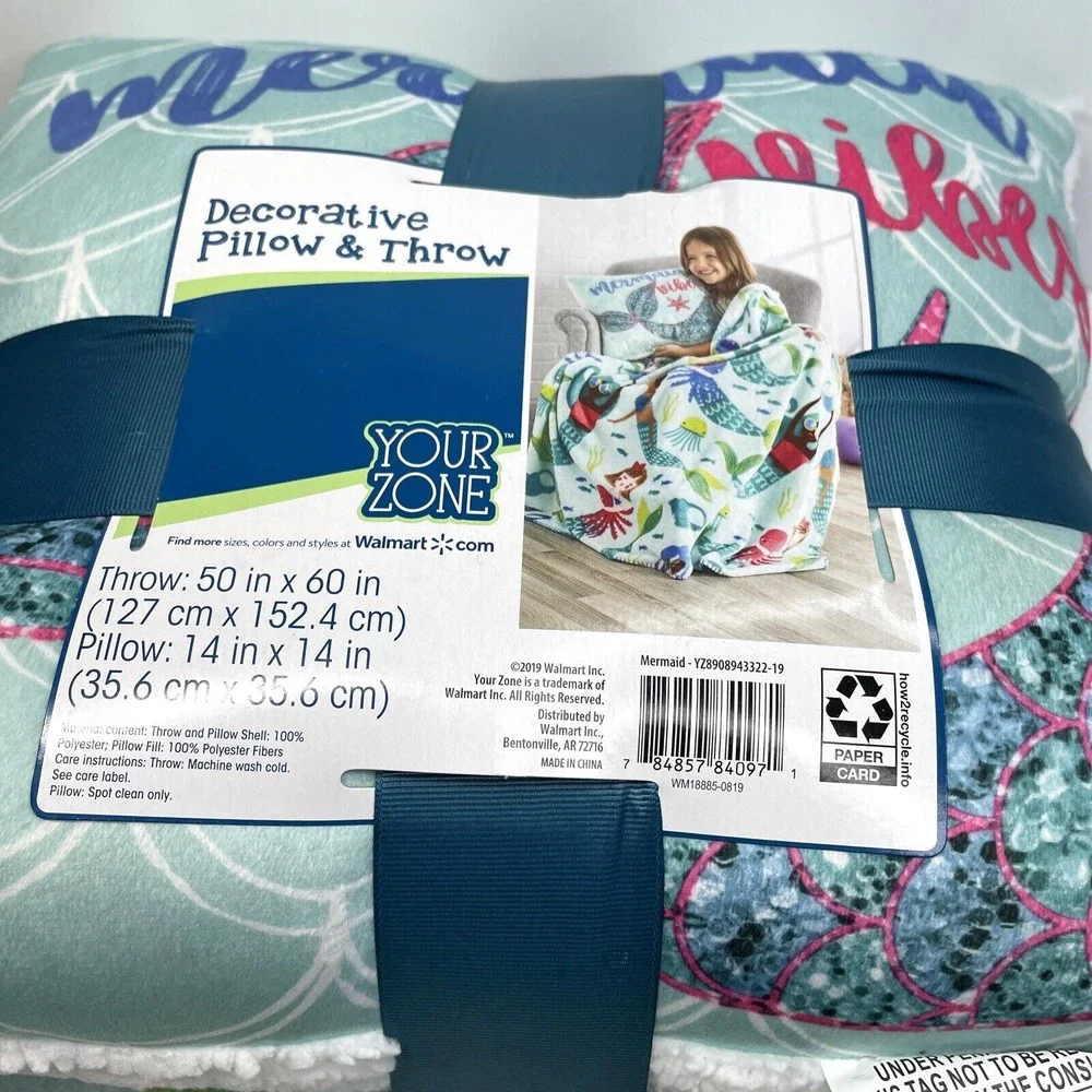 YOUR ZONE Matching Mermaid Pillow & Throw Blanket 50